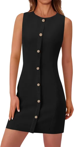 Women Button Deco Work Tank Dresses Summer Business Slim Fit Mini Dresses Elegant Casual Crewneck Office Outfits