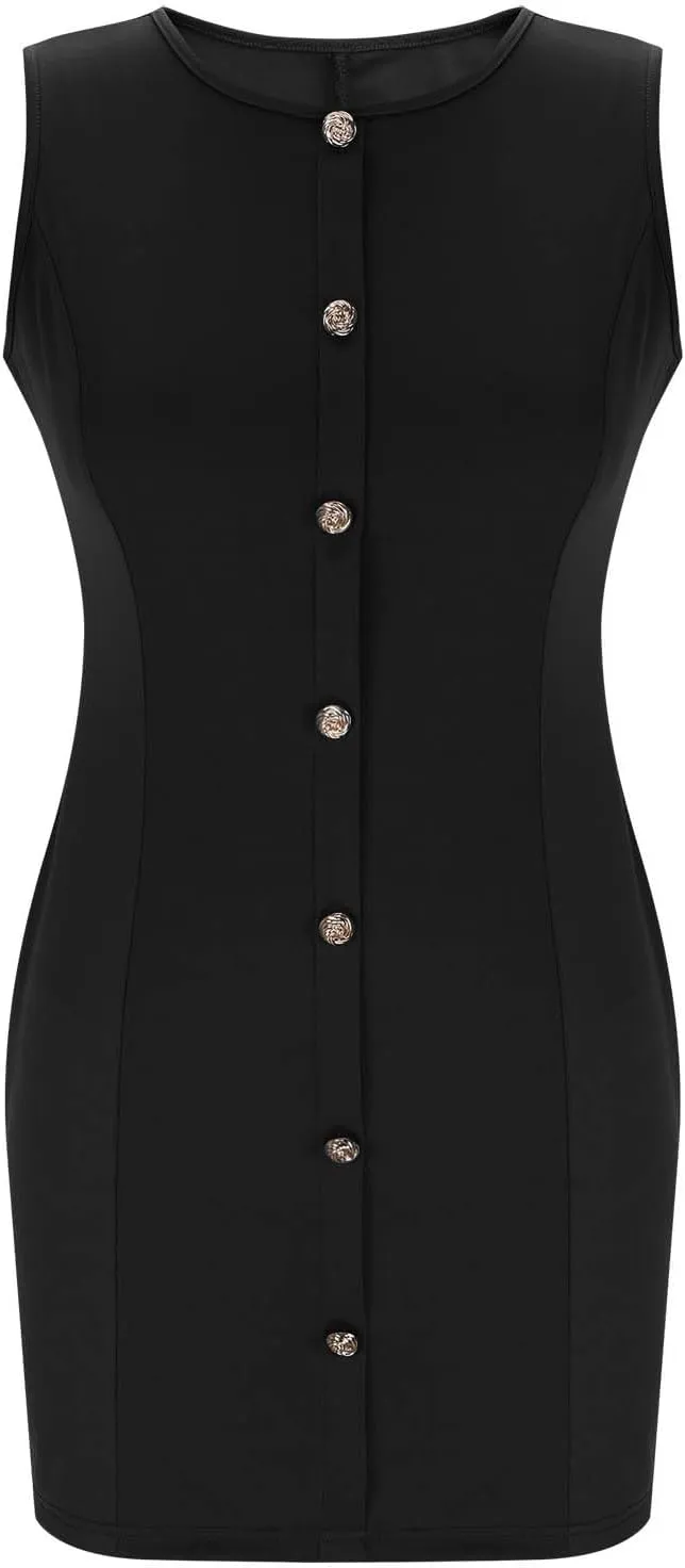 Women Button Deco Work Tank Dresses Summer Business Slim Fit Mini Dresses Elegant Casual Crewneck Office Outfits