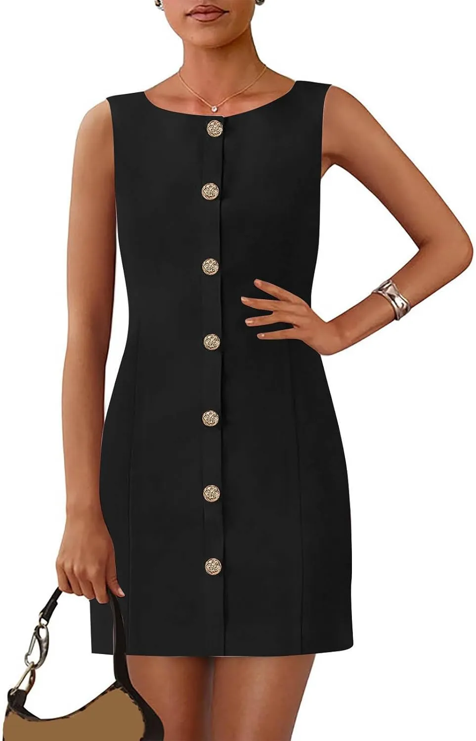 Women Button Deco Work Tank Dresses Summer Business Slim Fit Mini Dresses Elegant Casual Crewneck Office Outfits