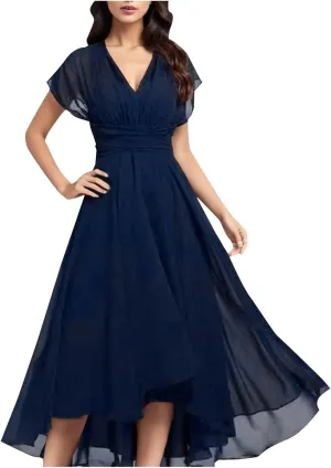 Women Dresses Trendy Elegant Lace Chiffon Flowy Evening Party V Neck Short Sleeve High Waist Tiered Mesh Dress
