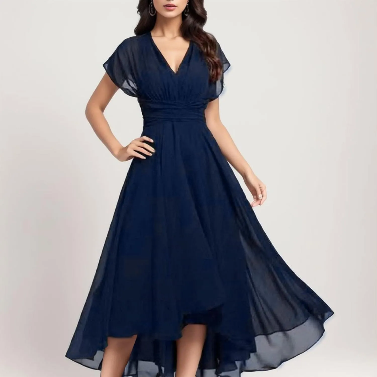Women Dresses Trendy Elegant Lace Chiffon Flowy Evening Party V Neck Short Sleeve High Waist Tiered Mesh Dress