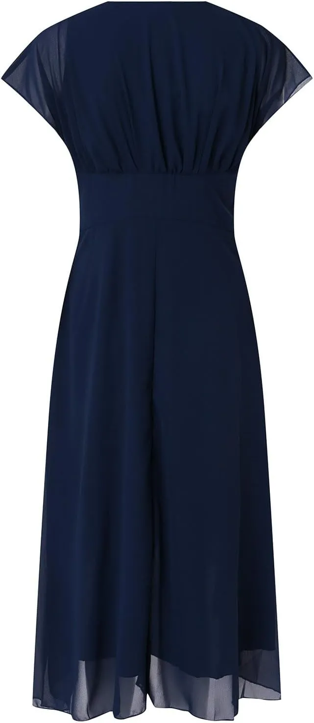 Women Dresses Trendy Elegant Lace Chiffon Flowy Evening Party V Neck Short Sleeve High Waist Tiered Mesh Dress