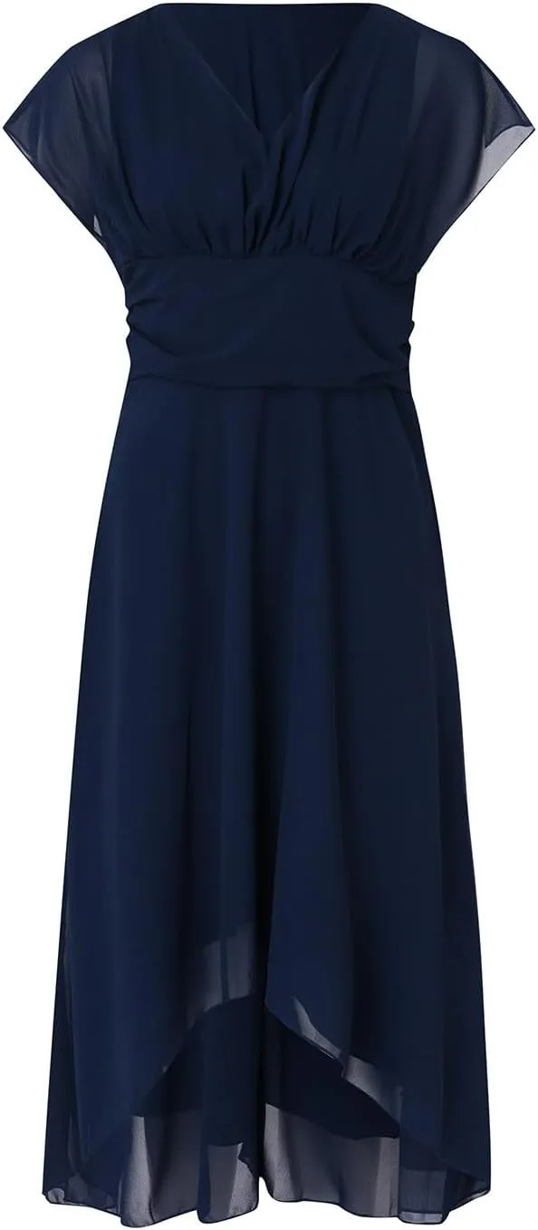 Women Dresses Trendy Elegant Lace Chiffon Flowy Evening Party V Neck Short Sleeve High Waist Tiered Mesh Dress