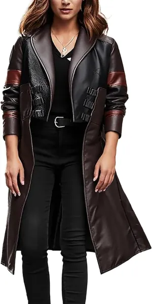 Women Faux Leather Long Jacket - Knee Length Maroon & Brown Leather Trench Coat for Women