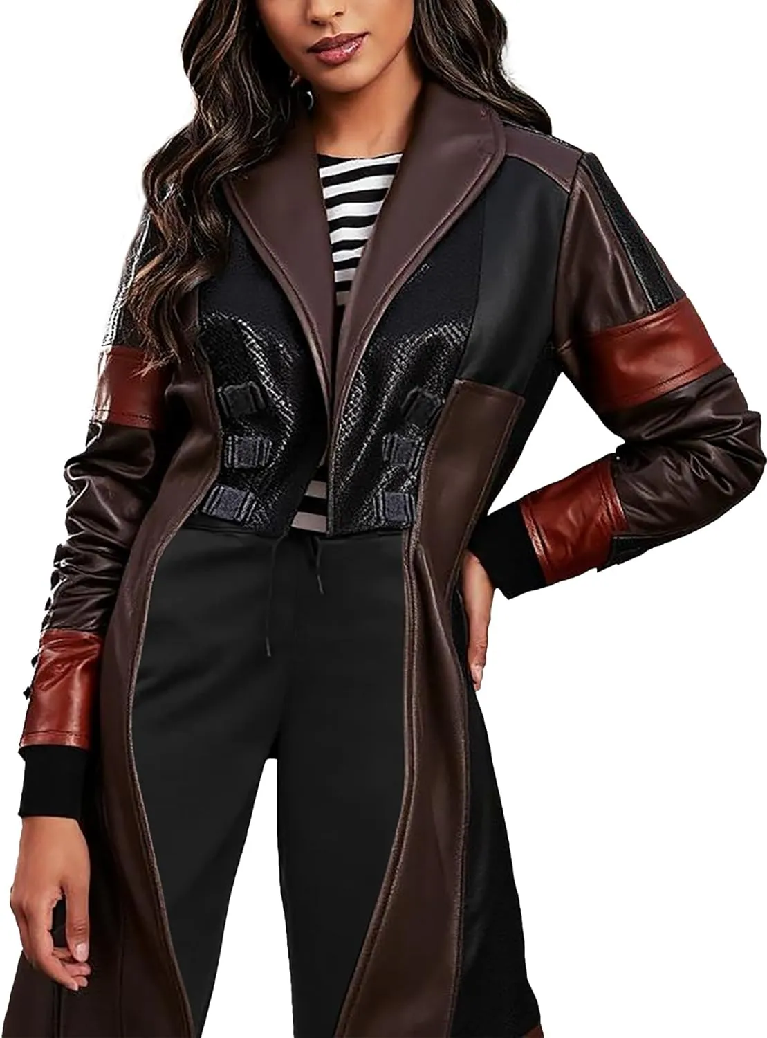 Women Faux Leather Long Jacket - Knee Length Maroon & Brown Leather Trench Coat for Women