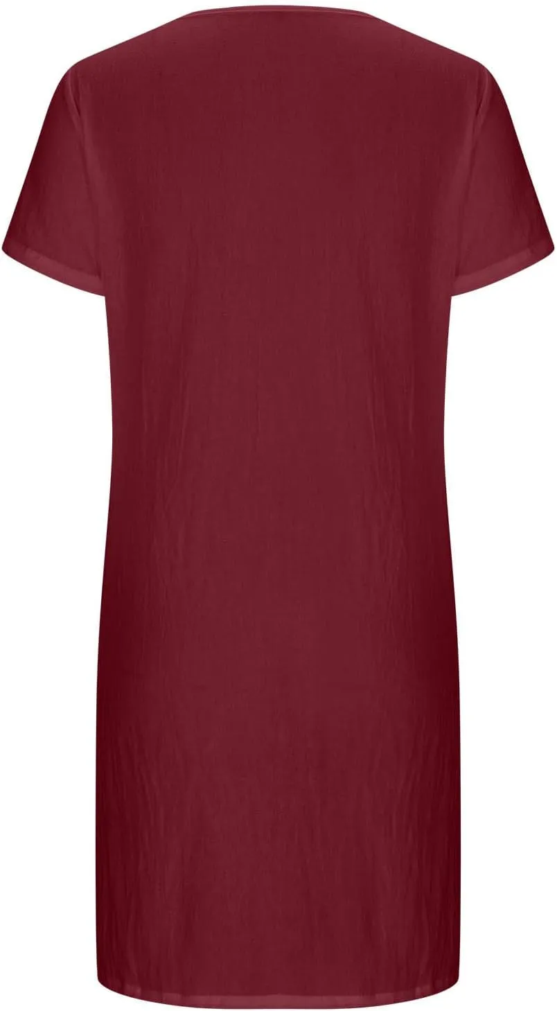 Women Keyhole Neck Tunic Dress Summer Cotton Linen Short Sleeve Thin Mini Dresses Elegant Office Work Sheath Dress