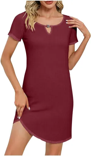 Women Keyhole Neck Tunic Dress Summer Cotton Linen Short Sleeve Thin Mini Dresses Elegant Office Work Sheath Dress