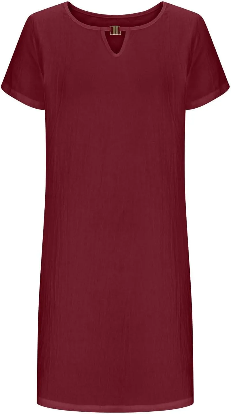 Women Keyhole Neck Tunic Dress Summer Cotton Linen Short Sleeve Thin Mini Dresses Elegant Office Work Sheath Dress
