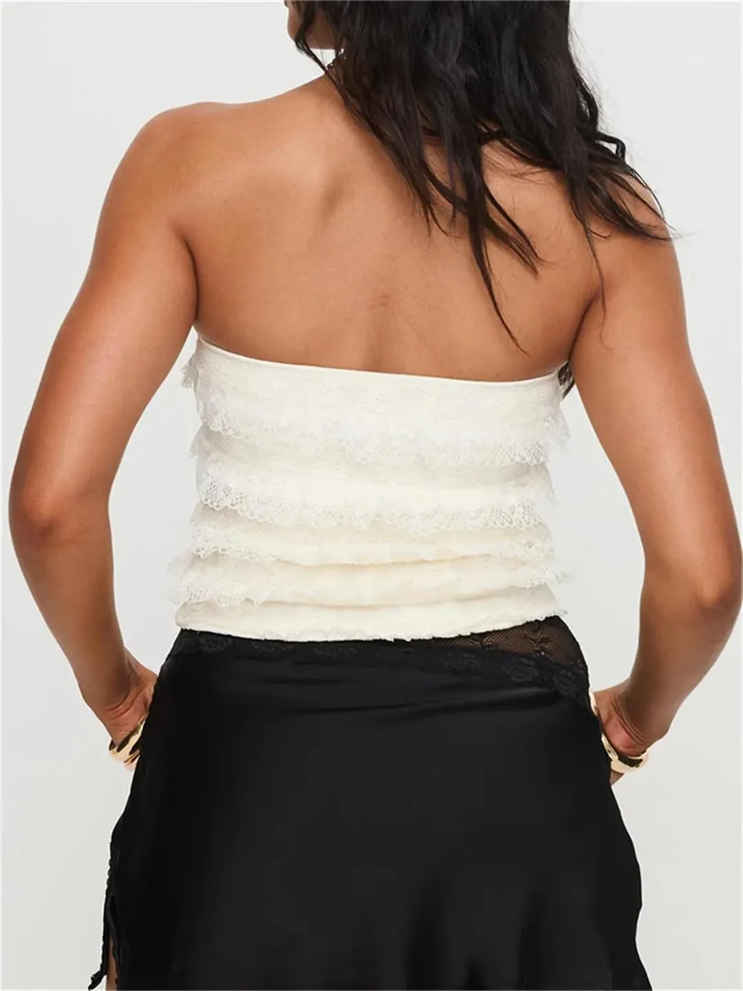 Women Lace Tube Tops Slim Flower Off Shoulder Sleeveless Layered Ruffles Crop Tank Summer Bustiers Corsets