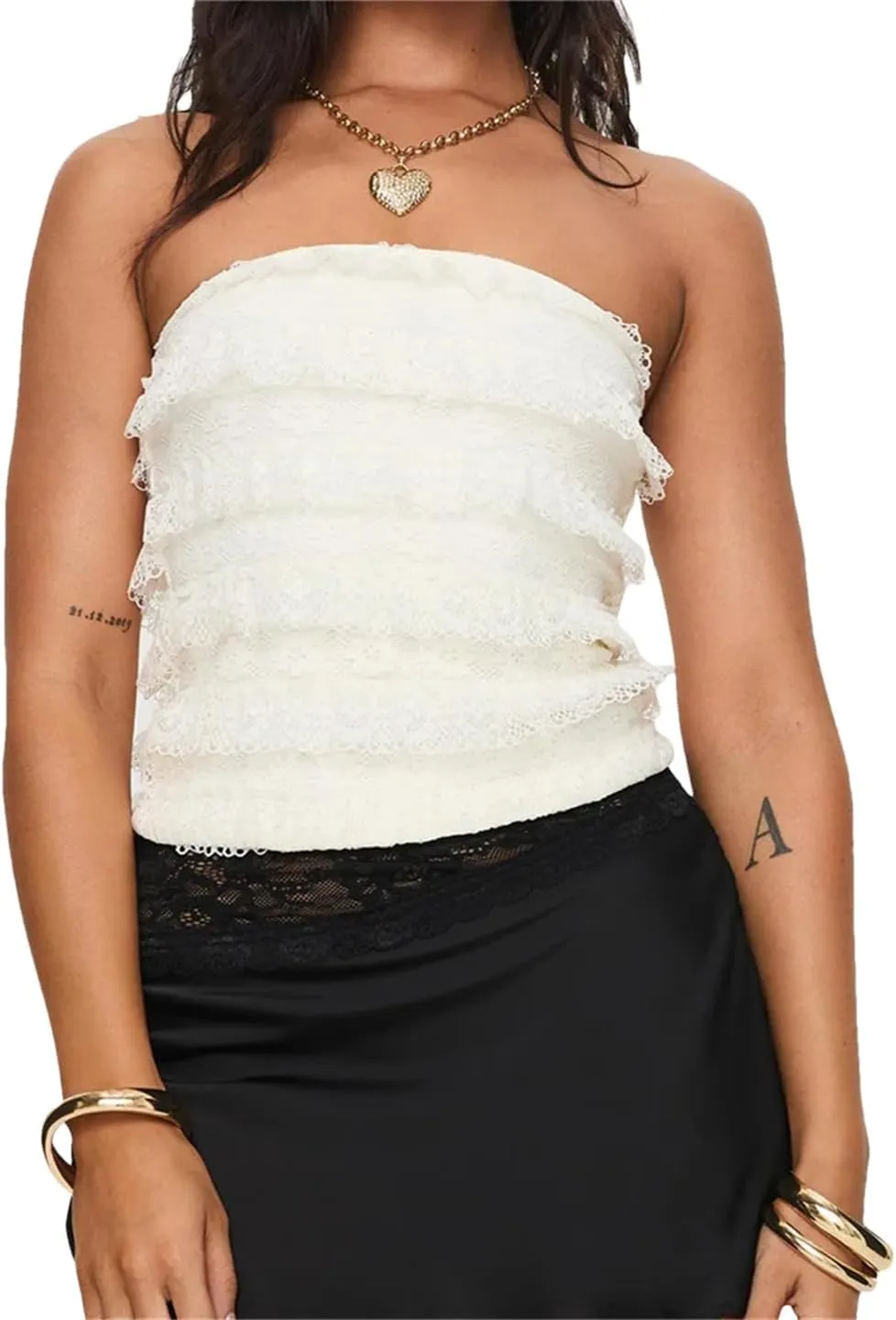 Women Lace Tube Tops Slim Flower Off Shoulder Sleeveless Layered Ruffles Crop Tank Summer Bustiers Corsets