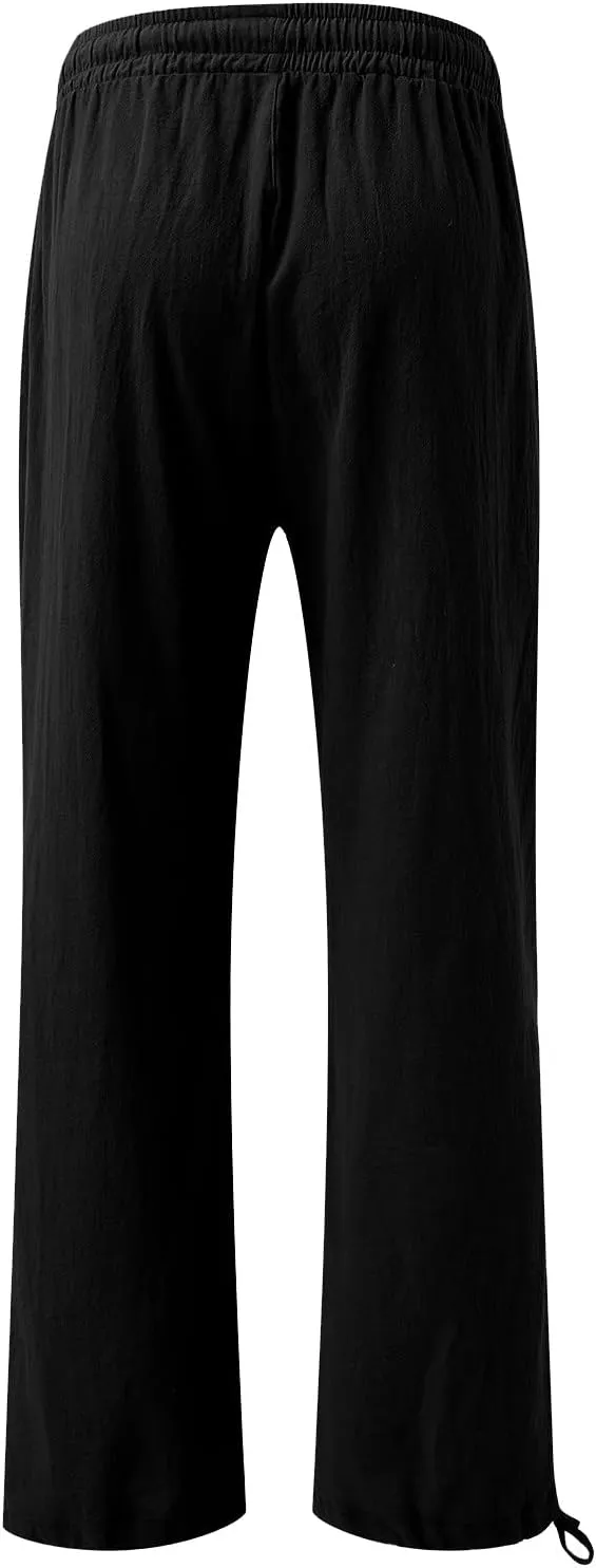 Women Linen Pants Summer Wide Leg Pants Casual Beach Pants with Pockets Elastic Palazzo Pants Boho Flowy Pants