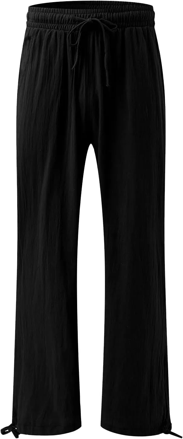 Women Linen Pants Summer Wide Leg Pants Casual Beach Pants with Pockets Elastic Palazzo Pants Boho Flowy Pants