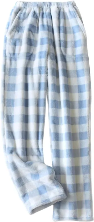 Women Plaid Fleece Pajama Pant Straight Leg Casual Elastic Waist Fluffy Home Trousers Winter Warm Trendy Plush Pants