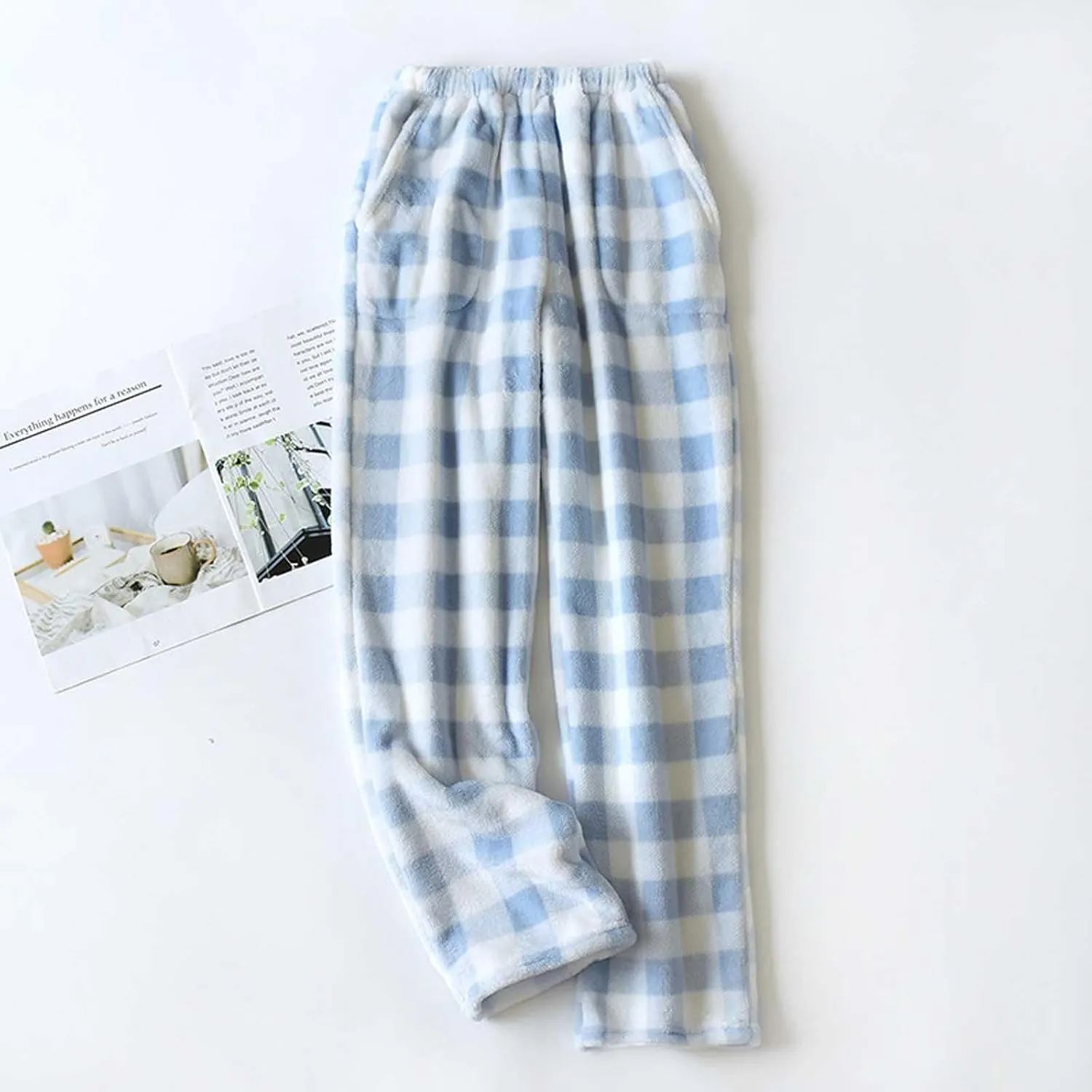 Women Plaid Fleece Pajama Pant Straight Leg Casual Elastic Waist Fluffy Home Trousers Winter Warm Trendy Plush Pants