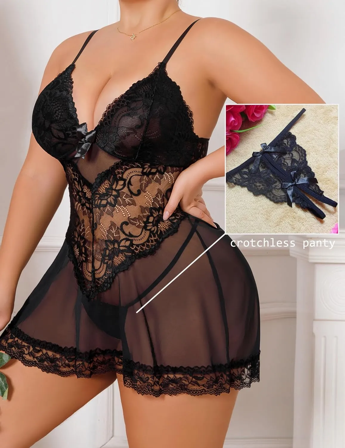Women Plus Size Babydoll Lingerie Lace Chemise Mesh Sleepwear Strappy Sexy Nightgown Boudoir Outfit L-4XL