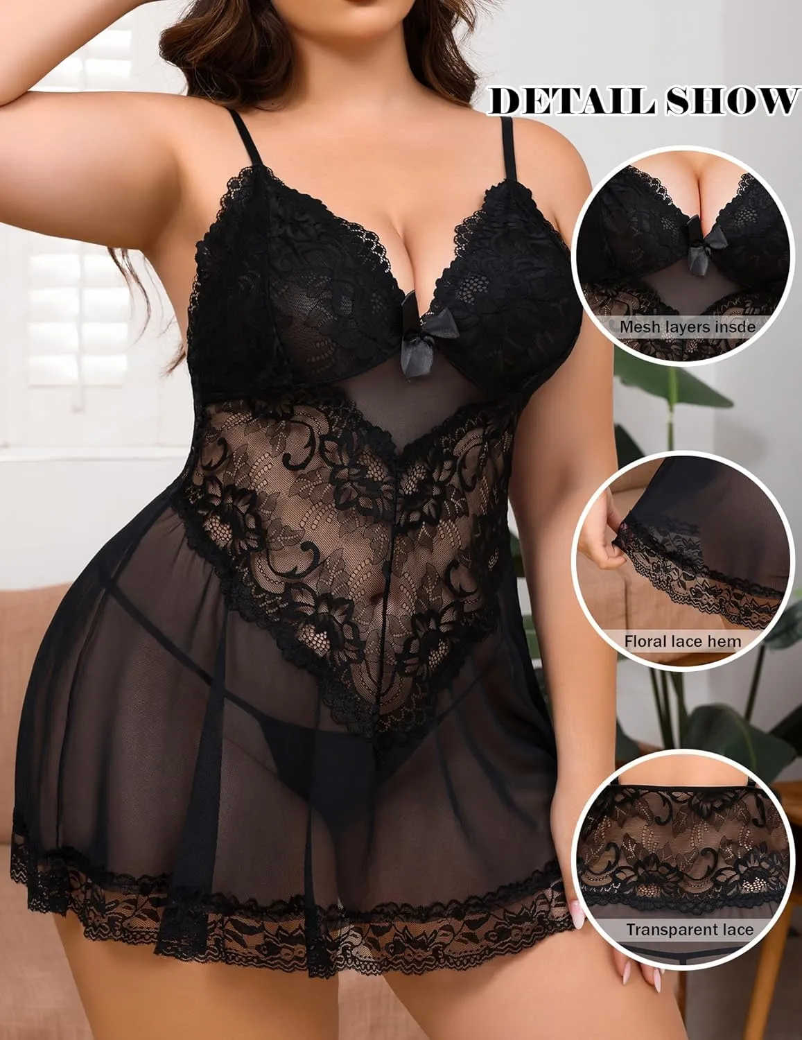 Women Plus Size Babydoll Lingerie Lace Chemise Mesh Sleepwear Strappy Sexy Nightgown Boudoir Outfit L-4XL