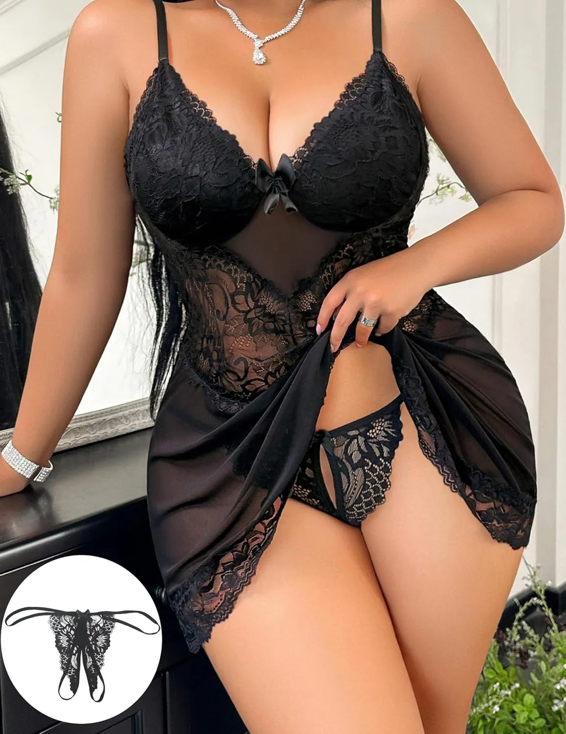 Women Plus Size Babydoll Lingerie Lace Chemise Mesh Sleepwear Strappy Sexy Nightgown Boudoir Outfit L-4XL