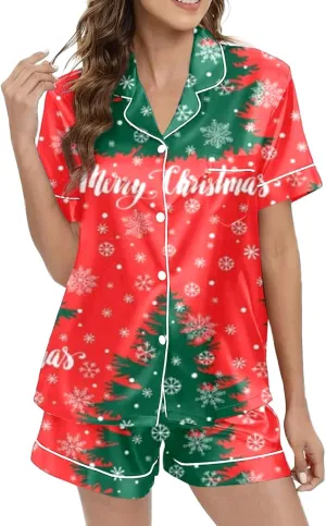 Women Plus Size Christmas Pajamas Set Shorts,Satin Short Sleeve Button down Soft Tops Sleepwear Nightwear Pjs Lounge Sets