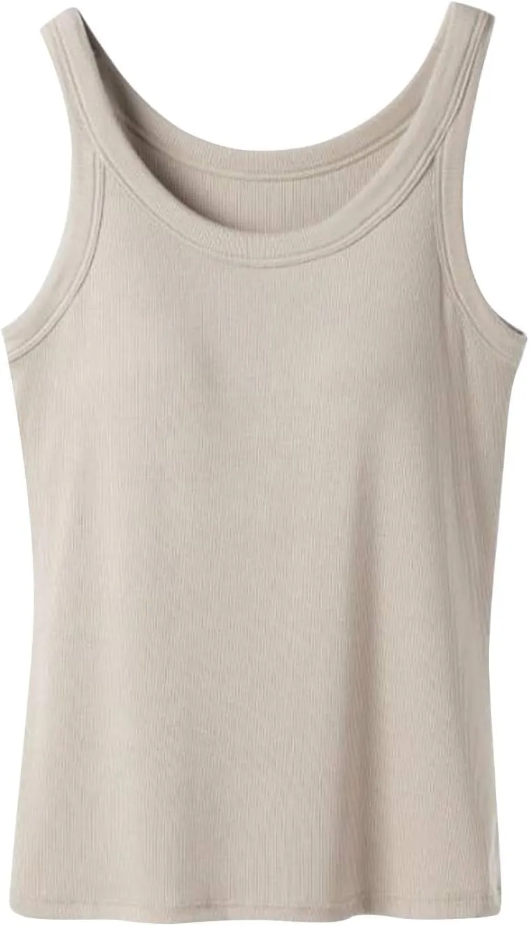 Women Ribbed Cotton Tank Tops Summer Bin in Bra Sleeveless Scoop Neck Undershirts Comfy Yoga Workout Crop Top Pjs
