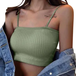 Women Sleeveless Striped Bra Padded Tank Tops Spaghetti Strap Bralette Crop top Sexy Lace Kawaii Lingerie Stockings Green