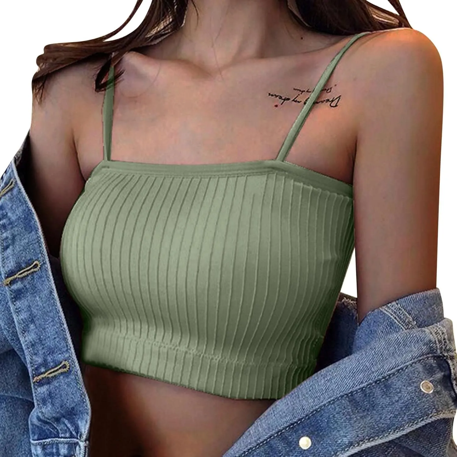 Women Sleeveless Striped Bra Padded Tank Tops Spaghetti Strap Bralette Crop top Sexy Lace Kawaii Lingerie Stockings Green