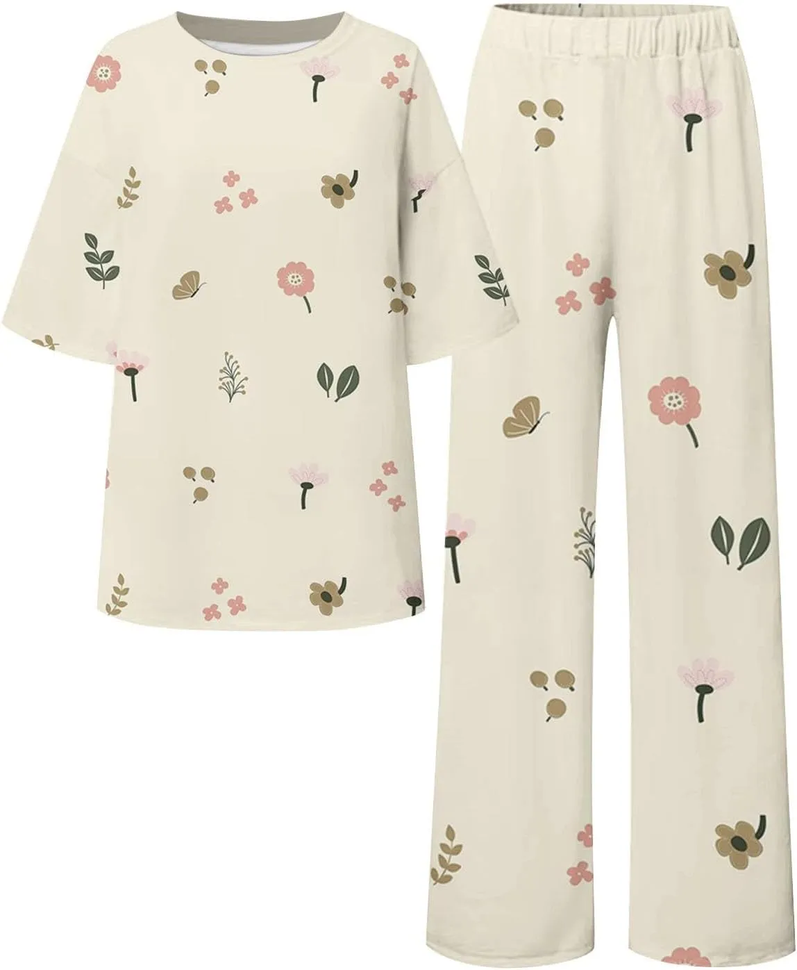 Women Suitable Summer O Neck Loose Short Sleeve Cute Floral Print Top Shirt With Pants Large Size 2 Sleepwear for Ladies