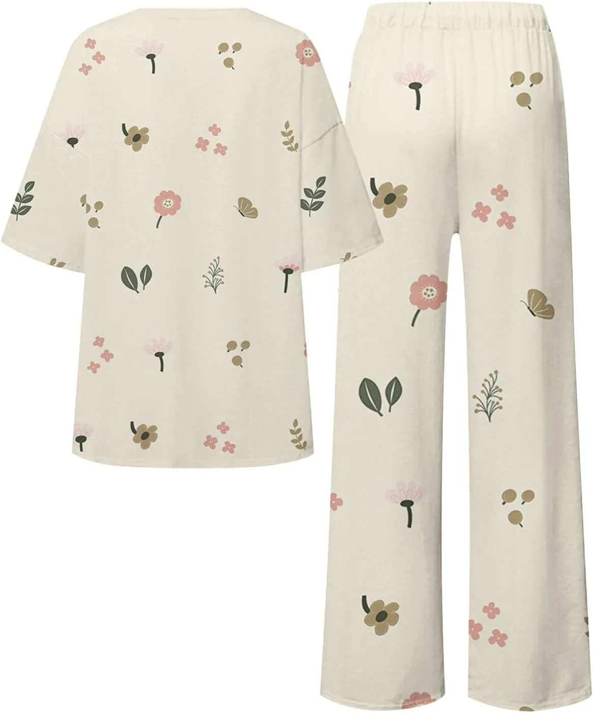 Women Suitable Summer O Neck Loose Short Sleeve Cute Floral Print Top Shirt With Pants Large Size 2 Sleepwear for Ladies