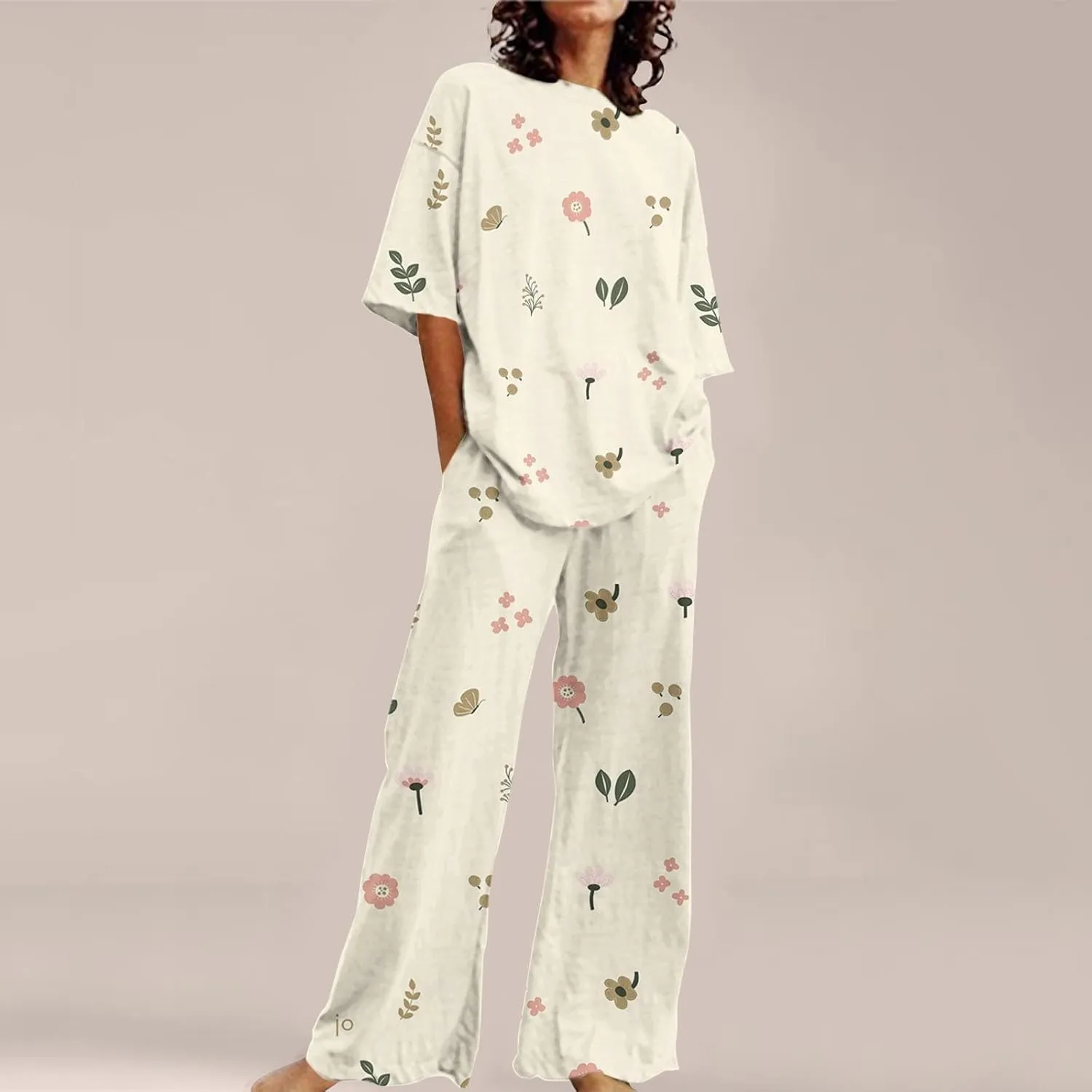 Women Suitable Summer O Neck Loose Short Sleeve Cute Floral Print Top Shirt With Pants Large Size 2 Sleepwear for Ladies