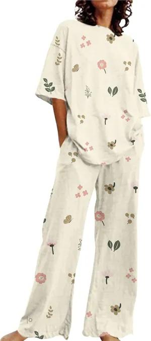 Women Suitable Summer O Neck Loose Short Sleeve Cute Floral Print Top Shirt With Pants Large Size 2 Sleepwear for Ladies
