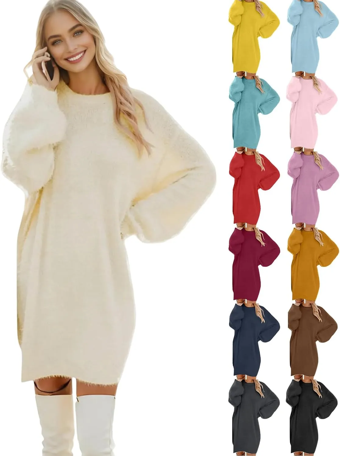 Women Sweater Dress Fuzzy Slouchy Oversized Long Sweaters Casual Loose Long Sleeve Crewneck Tunic Sweatshirt Dress