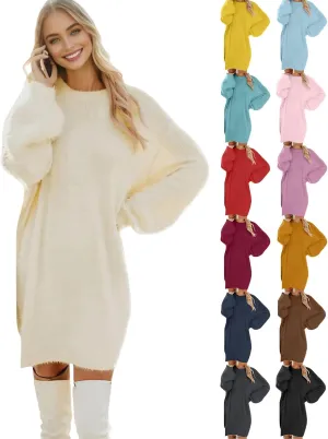 Women Sweater Dress Fuzzy Slouchy Oversized Long Sweaters Casual Loose Long Sleeve Crewneck Tunic Sweatshirt Dress