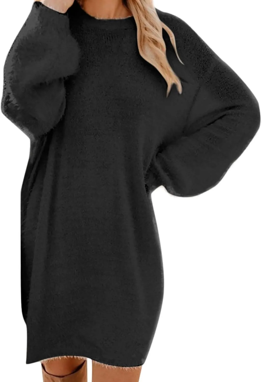 Women Sweater Dress Fuzzy Slouchy Oversized Long Sweaters Casual Loose Long Sleeve Crewneck Tunic Sweatshirt Dress