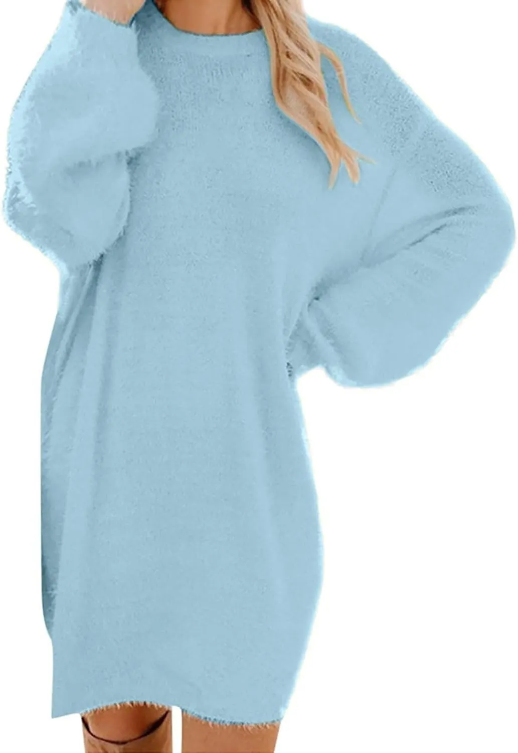 Women Sweater Dress Fuzzy Slouchy Oversized Long Sweaters Casual Loose Long Sleeve Crewneck Tunic Sweatshirt Dress