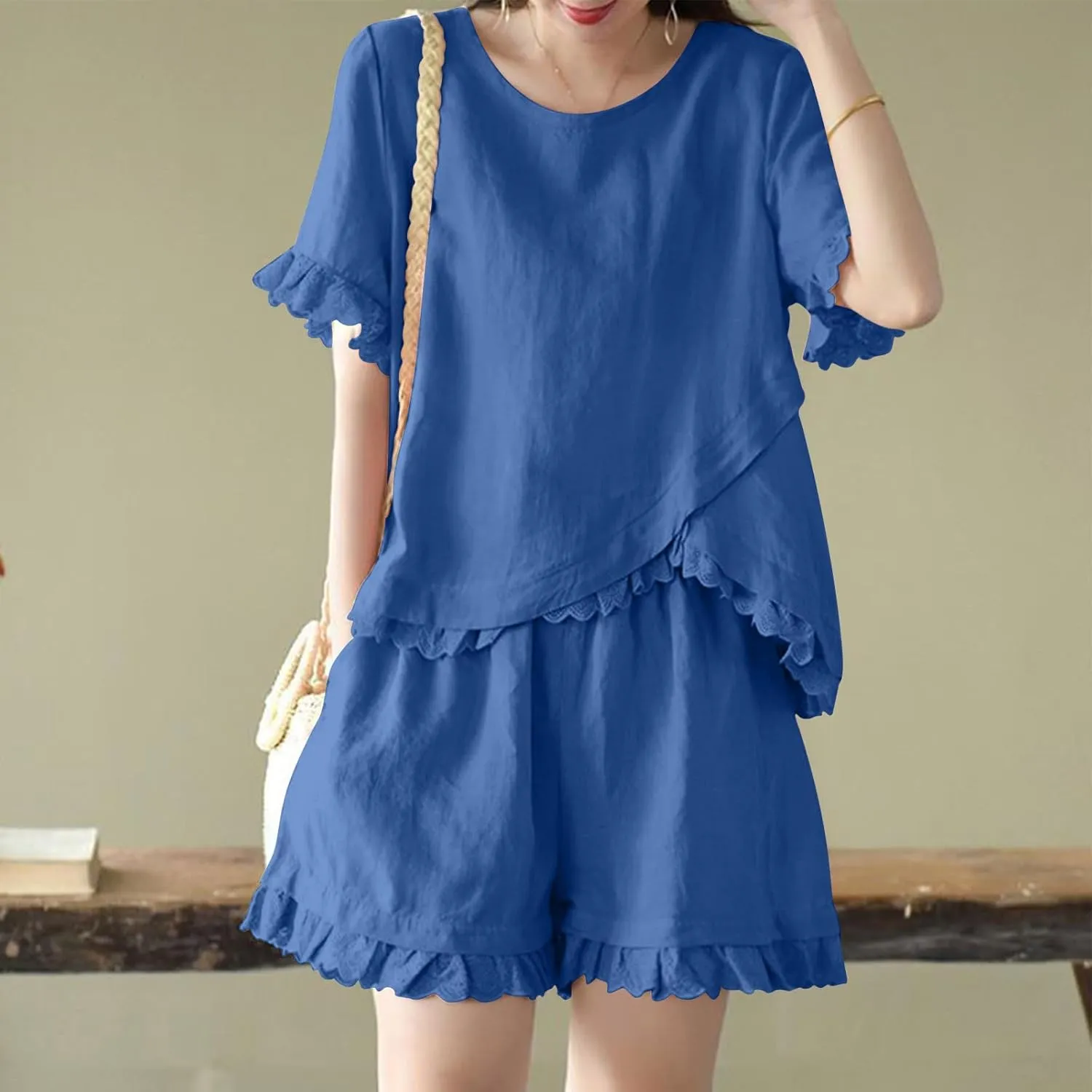 Women Vintage Short Linen 2 Piece Outfits Matching Sets Summer Casual Ruffle Sleeve Irregularly Hem Tshirt and Shorts