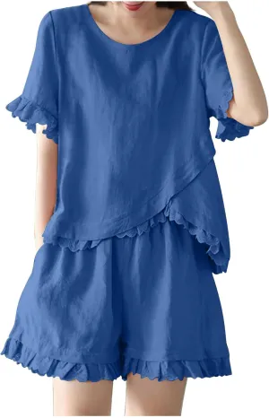 Women Vintage Short Linen 2 Piece Outfits Matching Sets Summer Casual Ruffle Sleeve Irregularly Hem Tshirt and Shorts