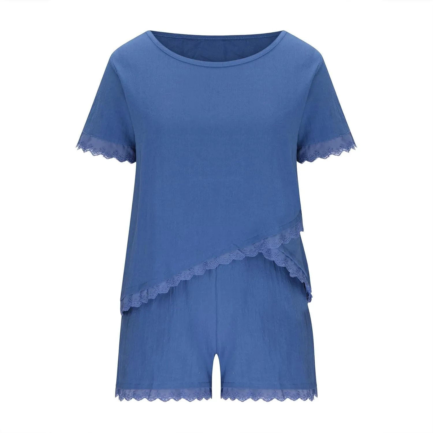 Women Vintage Short Linen 2 Piece Outfits Matching Sets Summer Casual Ruffle Sleeve Irregularly Hem Tshirt and Shorts