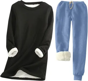 Women Warm Pajama Set Fleece Lined Long Sleeve Crewneck Sweatshirt Pullover Thicken Joggers Sweatpants