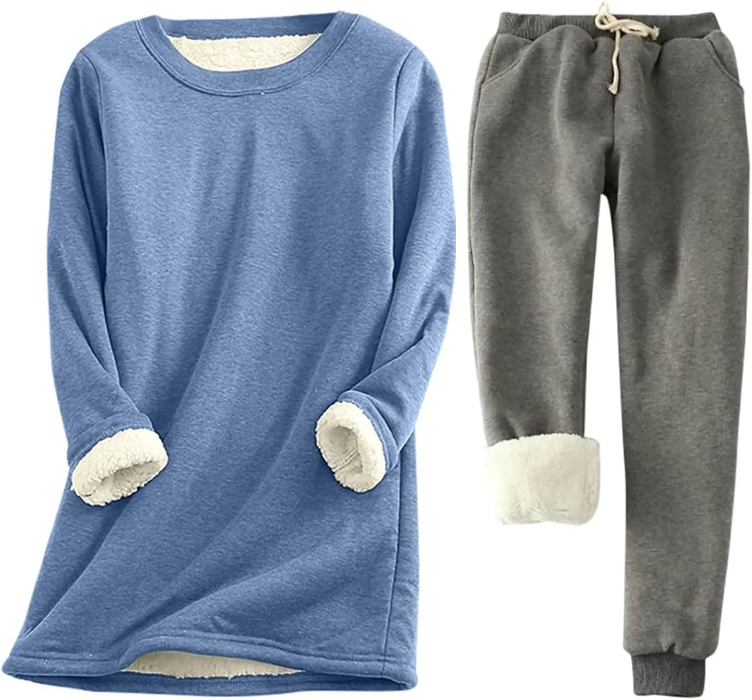 Women Warm Pajama Set Fleece Lined Long Sleeve Crewneck Sweatshirt Pullover Thicken Joggers Sweatpants
