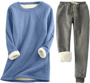 Women Warm Pajama Set Fleece Lined Long Sleeve Crewneck Sweatshirt Pullover Thicken Joggers Sweatpants