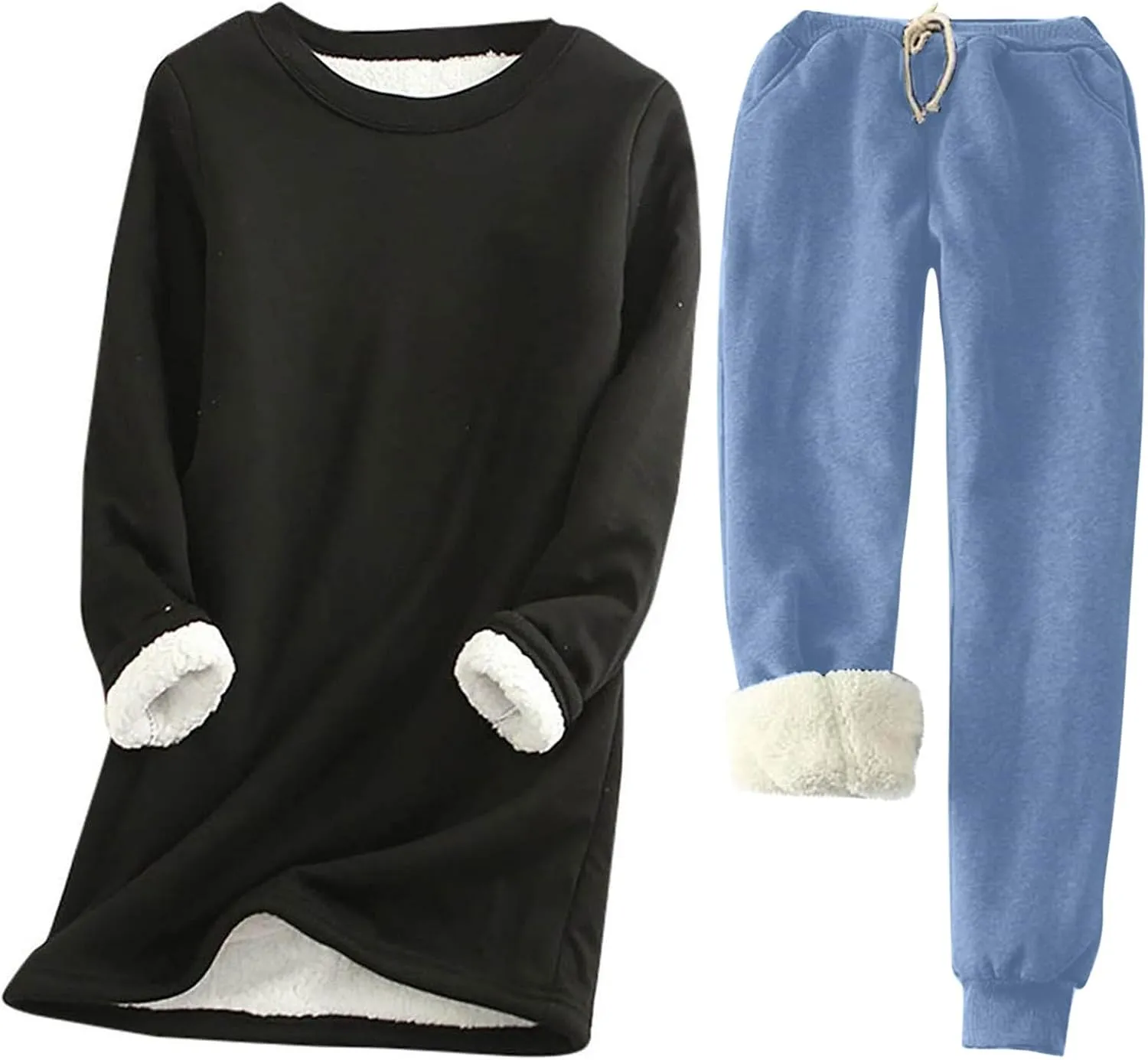 Women Warm Pajama Set Fleece Lined Long Sleeve Crewneck Sweatshirt Pullover Thicken Joggers Sweatpants