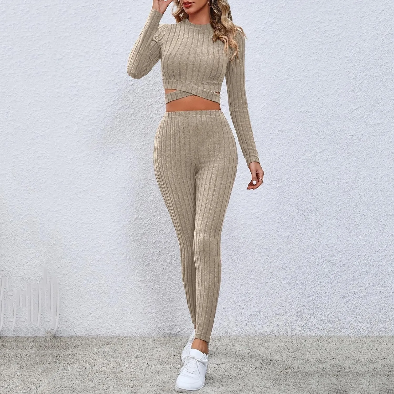 Women Y2K Pajamas 2 Piece Set Ribbed Knit Slim Fit Sleepwear Outfit Cross Hem Cropped Tops and High Waist Yoga Pants