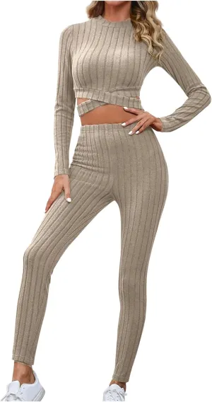 Women Y2K Pajamas 2 Piece Set Ribbed Knit Slim Fit Sleepwear Outfit Cross Hem Cropped Tops and High Waist Yoga Pants