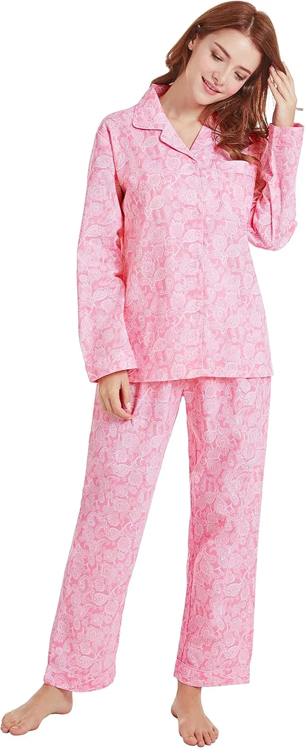 Women’s 100% Cotton Pajamas, Long Sleeve Woven Pj Set Sleepwear