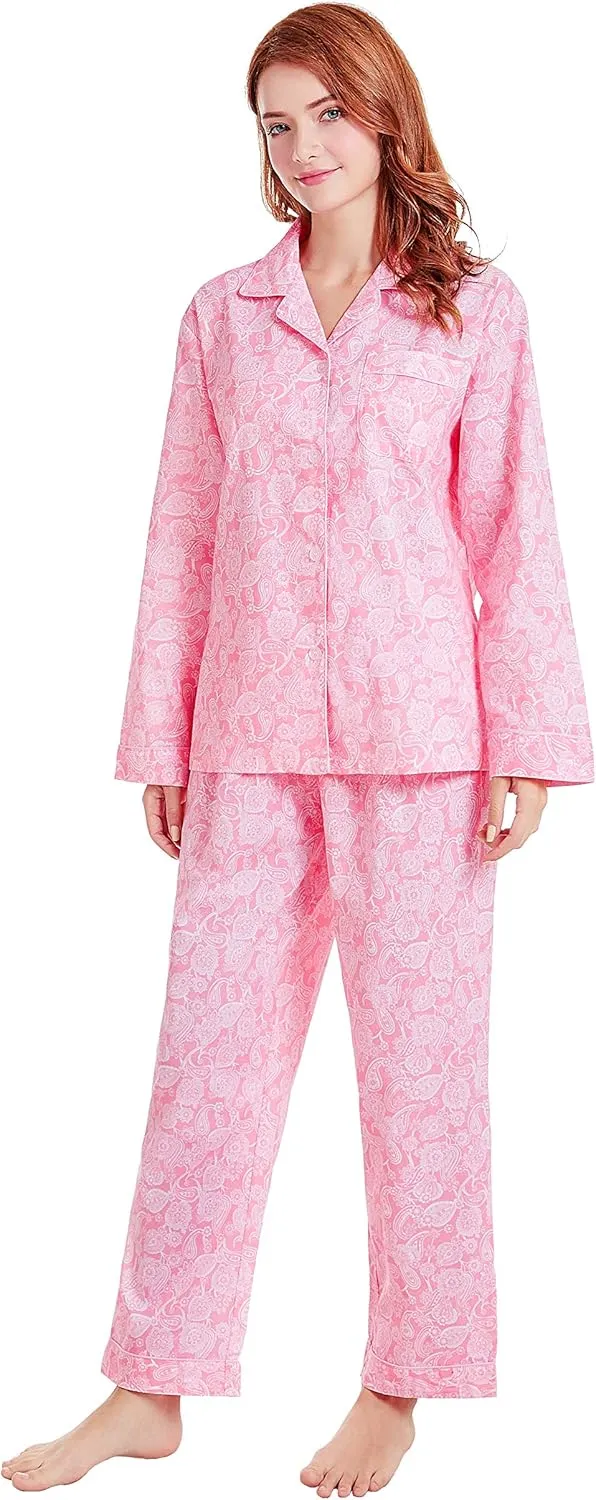 Women’s 100% Cotton Pajamas, Long Sleeve Woven Pj Set Sleepwear
