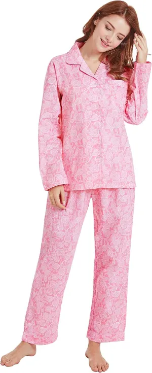 Women’s 100% Cotton Pajamas, Long Sleeve Woven Pj Set Sleepwear