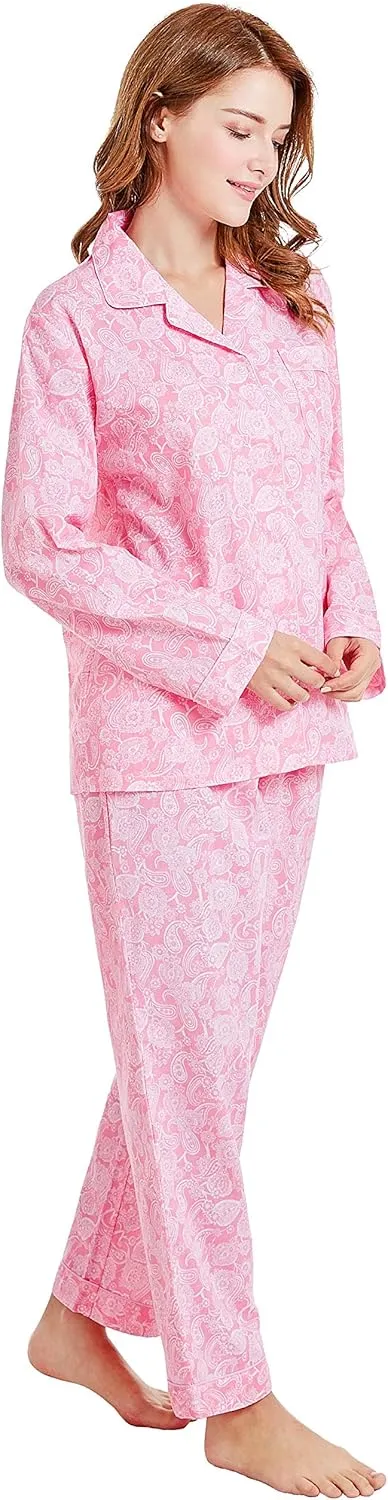 Women’s 100% Cotton Pajamas, Long Sleeve Woven Pj Set Sleepwear
