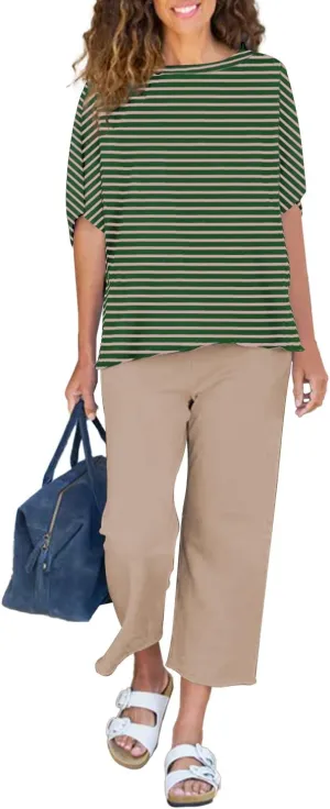 Women's 2 Piece Lounge Sets Casual Short Sleeve Pullover Tops Matching Wide Leg Pants Tracksuit Set