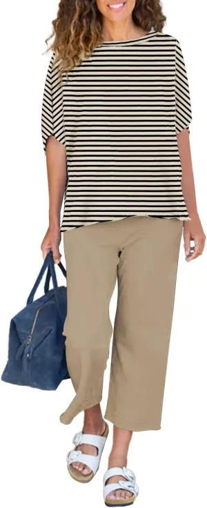 Women's 2 Piece Lounge Sets Casual Short Sleeve Pullover Tops Matching Wide Leg Pants Tracksuit Set