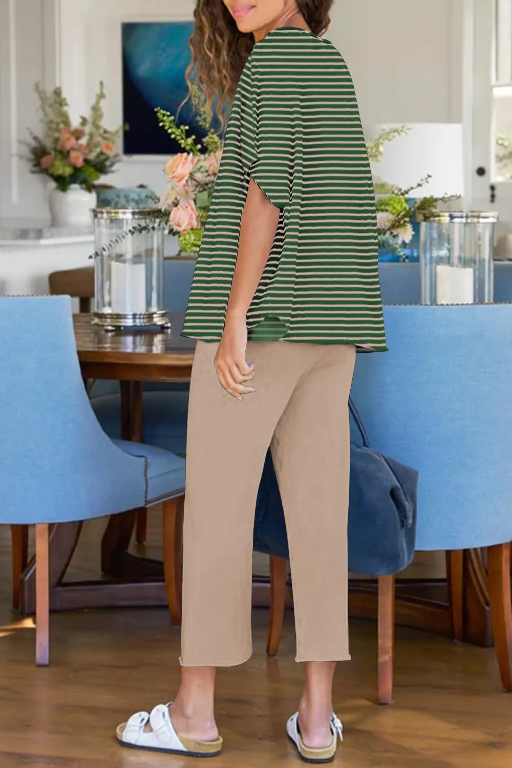 Women's 2 Piece Lounge Sets Casual Short Sleeve Pullover Tops Matching Wide Leg Pants Tracksuit Set