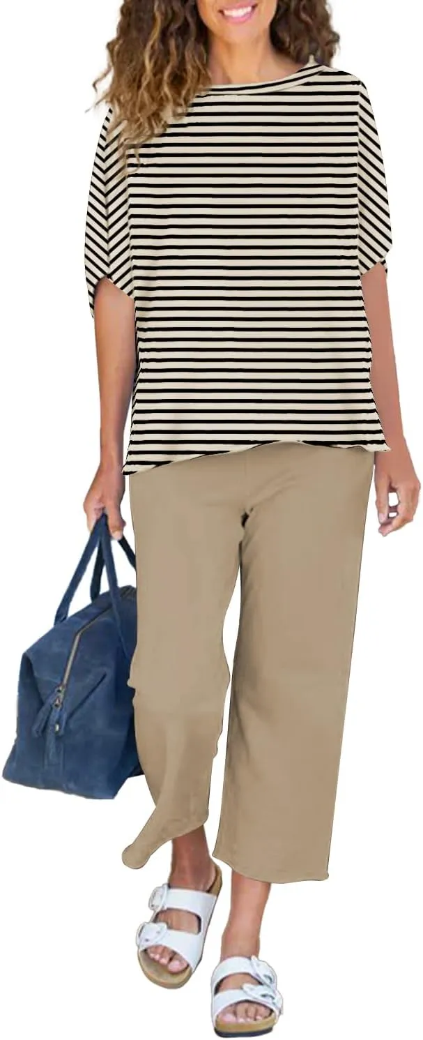 Women's 2 Piece Lounge Sets Casual Short Sleeve Pullover Tops Matching Wide Leg Pants Tracksuit Set